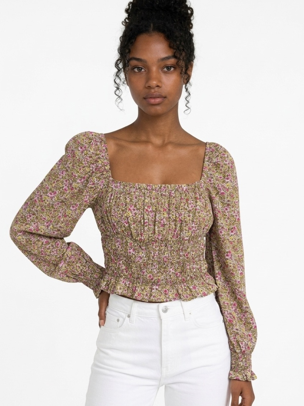 H&M | Pink Yellow Olive Green Floral Smocked Square-Neck Blouse Women’s Size S